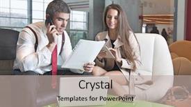  Presentation with meeting - Beautiful slide set featuring businessman and businesswoman at meeting backdrop and a  colored foreground