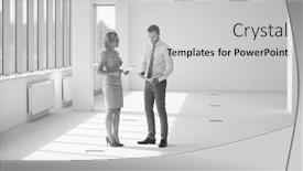  Presentation with new office - Presentation theme having businessman and businesswoman discussing over document at new office background and a light gray colored foreground