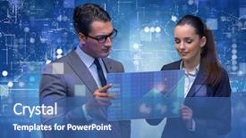  Presentation with strategies - PPT theme featuring businessman and businesswoman discussing trading strategies background and a ocean colored foreground