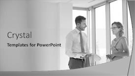  Presentation with new office - Presentation with businessman and businesswoman discussing at desk in new office background and a light gray colored foreground