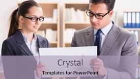  Presentation with discussion - Slide deck having businessman-and-businesswoman-having-discussion background and a light blue colored foreground