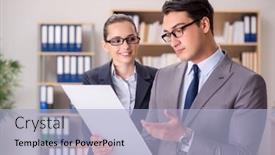  Presentation with discussion - Beautiful presentation theme featuring businessman and businesswoman having discussion in office backdrop and a light blue colored foreground