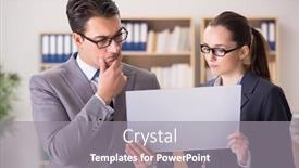  Presentation with discussion - Cool new PPT layouts with businessman and businesswoman having discussion in office backdrop and a gray colored foreground