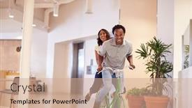  Presentation with fun work - PPT theme consisting of businessman-and-businesswoman-having-fun background and a coral colored foreground