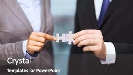  Presentation with holding puzzle pieces - Cool new slides with businessman and businesswoman holding puzzle backdrop and a dark gray colored foreground