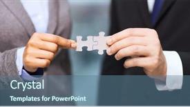  Presentation with holding puzzle pieces - Beautiful presentation design featuring businessman and businesswoman holding puzzle backdrop and a ocean colored foreground