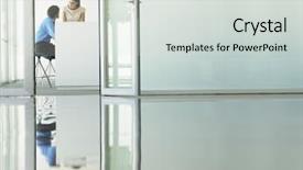  Presentation with open door - PPT theme featuring up portrait isolated on blue background and a sky blue colored foreground