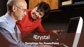  Presentation with monitor computer - Colorful slides enhanced with businessman and businesswoman in office smiling looking and pointing at computer monitor backdrop and a tawny brown colored foreground