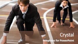  Presentation with ready - Cool new presentation theme with businessman and businesswoman lined up backdrop and a tawny brown colored foreground