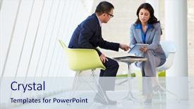  Presentation with meeting - Theme enhanced with businessman and businesswoman meeting background and a sky blue colored foreground