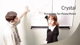  Presentation with business report - PPT theme featuring businessman and businesswoman report an executive business meeting background and a white colored foreground