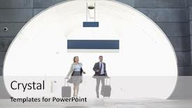  Presentation with railroad - Cool new PPT theme with businessman and businesswoman rushing in railroad station backdrop and a light gray colored foreground
