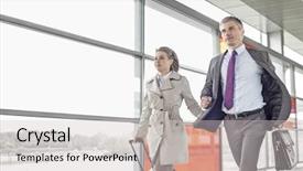  Presentation with railroad - Audience pleasing PPT layouts consisting of businessman and businesswoman rushing in railroad station backdrop and a light gray colored foreground
