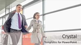 Presentation with railroad - Colorful presentation theme enhanced with businessman and businesswoman rushing in railroad station backdrop and a lemonade colored foreground
