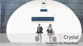  Presentation with railroad - Colorful PPT theme enhanced with businessman and businesswoman rushing in railroad station backdrop and a light gray colored foreground