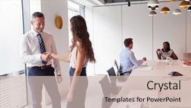  Presentation with shaking hands - PPT layouts enhanced with businessman and businesswoman shaking hands background and a soft green colored foreground