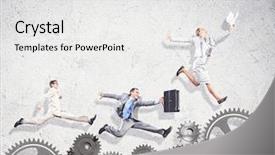  Presentation with organization - PPT theme consisting of businessman and businesswoman with cog wheel elements organization concept background and a white colored foreground