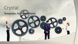  Presentation with elements - Audience pleasing slide deck consisting of businessman and businesswoman with cog wheel elements organization concept backdrop and a light gray colored foreground