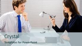  Presentation with team working together - Presentation consisting of businessman and businesswoman working together in team at office smiling background and a sky blue colored foreground