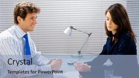  Presentation with team working together - Beautiful presentation theme featuring businessman and businesswoman working together in team at office smiling backdrop and a light blue colored foreground