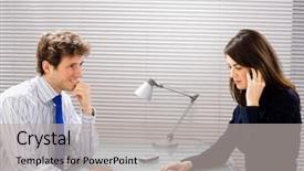  Presentation with team working together - Theme with businessman and businesswoman working together in team at office smiling background and a light gray colored foreground