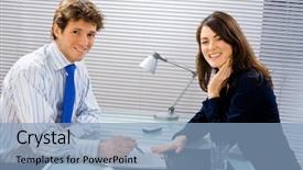  Presentation with team working together - Colorful presentation theme enhanced with businessman and businesswoman working together in team at office smiling backdrop and a light blue colored foreground