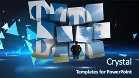  Presentation with dollar signs - Presentation theme having businessman and dollar signs on abstract screen against small pyramids on technical background background and a ocean colored foreground