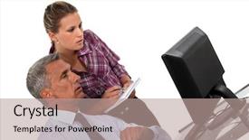  Presentation with executive assistant - PPT theme having businessman and his assistant looking background and a coral colored foreground