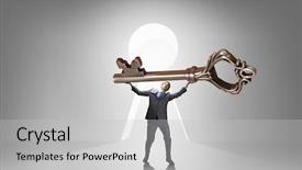  Presentation with key performance indicators - Audience pleasing PPT theme consisting of businessman and lifting big key backdrop and a light gray colored foreground