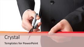  Presentation with cutting ribbon - PPT theme featuring businessman and red ribbon background and a lemonade colored foreground