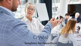  Presentation with collaboration - Slide deck having businessman-and-senior-business-woman background and a light blue colored foreground