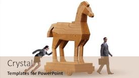  Presentation with trojan horse - Presentation design enhanced with businessman-and-trojan-horse background and a coral colored foreground