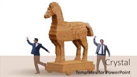  Presentation with trojan horse - PPT theme having businessman-and-trojan-horse background and a coral colored foreground