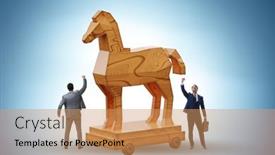  Presentation with trojan - Presentation design featuring businessman-and-trojan-horse background and a coral colored foreground