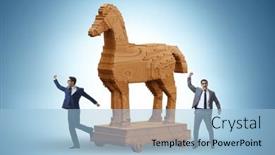  Presentation with trojan horse - Slides having businessman-and-trojan-horse background and a light blue colored foreground