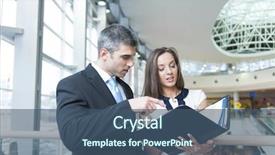  Presentation with work - Slide deck with businessman-and-woman-discussing-work background and a  colored foreground