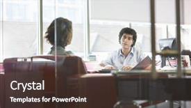  Presentation with airplane wing through airplane window - Slide set consisting of businessman and woman in meeting background and a  colored foreground