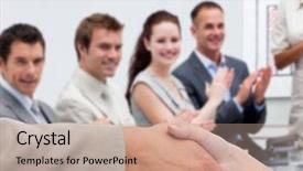  Presentation with team hands - Cool new PPT theme with businessman and woman shaking hands backdrop and a coral colored foreground