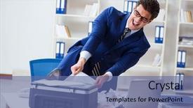  Presentation with machine learning algorithms - Slides with businessman angry at copying machine background and a ocean colored foreground