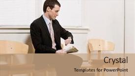  Presentation with interview - Audience pleasing PPT theme consisting of linger - businessman anxiously waiting for appointment backdrop and a coral colored foreground