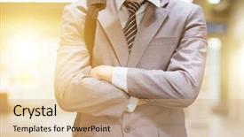  Presentation with train railway - PPT theme consisting of businessman arms crossed waiting train background and a coral colored foreground