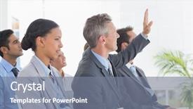  Presentation with first meeting - Slide set featuring businessman asking question during meeting background and a gray colored foreground