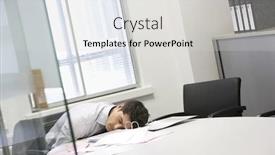  Presentation with files - Slide deck featuring businessman asleep at desk by scattered files in the office background and a light gray colored foreground