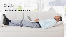  Presentation with young man holdng laptop on lap money - PPT theme enhanced with businessman asleep on the sofa with laptop in the office background and a white colored foreground