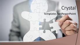  Presentation with puzzle team - Slide deck consisting of businessman assembling jigsaw puzzle human background and a light gray colored foreground
