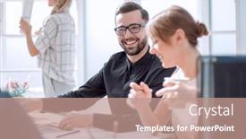  Presentation with team meeting - Slide set enhanced with businessman-at-a-meeting background and a coral colored foreground