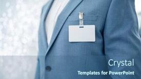  Presentation with exhibition - Presentation design featuring businessman-at-an-exhibition background and a ocean colored foreground