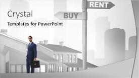  Presentation with crossroads - Colorful presentation design enhanced with businessman at crossroads betweem buying and renting backdrop and a white colored foreground