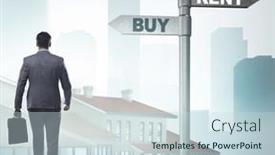  Presentation with crossroads - PPT theme with businessman-at-crossroads-betweem-buying background and a sky blue colored foreground