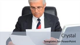  Presentation with reading - Presentation theme featuring businessman at desk reading paper background and a light blue colored foreground